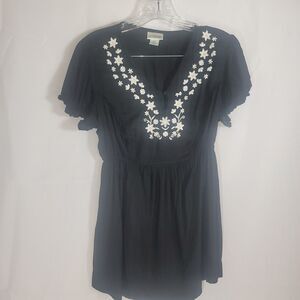 Motherhood Maternity Cap Sleeve Top Blouse Black w/ White Embroidery Size S